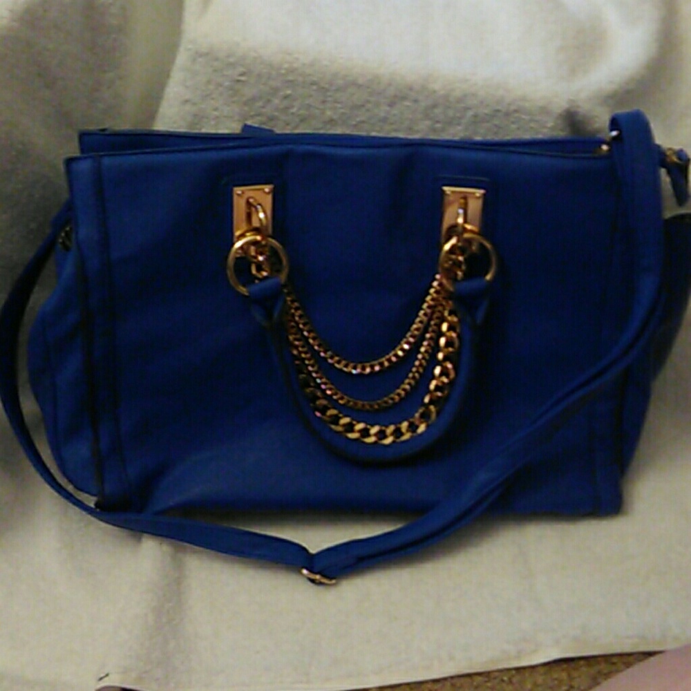 Just Fab Blue tote w goldtone chain hardware